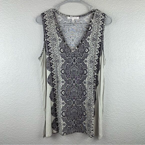 Rose & Olive Stretch Printed V-Neck Sleeveless Pullover Tank Top Gray Size Large - Picture 2 of 7